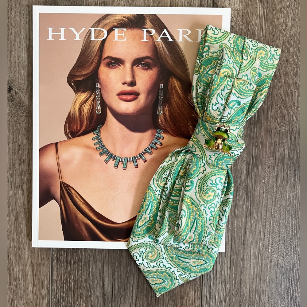 Gorgeous Green Paisley Tie Necklace with Adorable Frog Brooch by Bougie Rouge